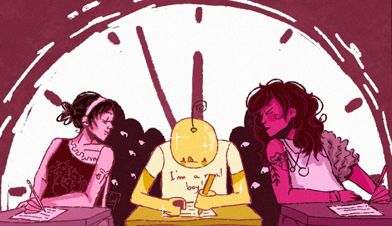 Illustration by Mara Chelărescu of students in an exam hall with a robot taking the test.
