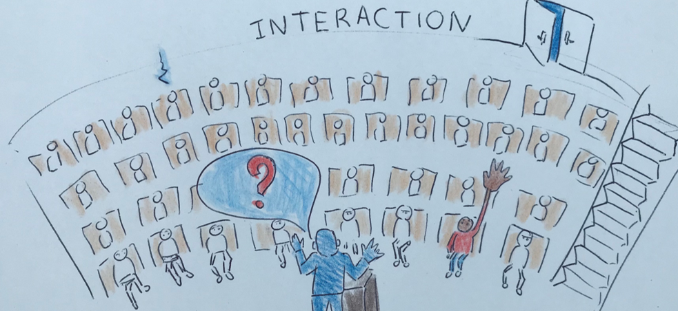 Illustration by Eline van Hove of a classroom lecture with a student asking a question.