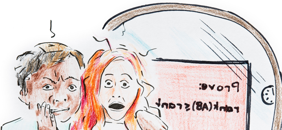 Illustration by Eline van Hove of students scared of mathematical proofs.